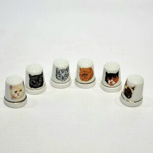 Vintage Lot of 6 Bone China Cat Kitty Pet Thimble Porcelain Gold Rimmed